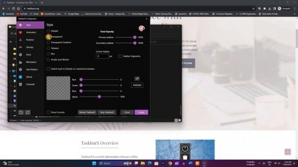 Windows 11 taskbar transparent using TaskbarX
