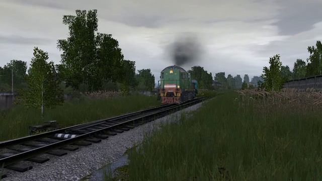 Тепловоз ТЭМ1М с рабочим поездом пасмурным туманным утром. Trainz 12. смотреть онлайн