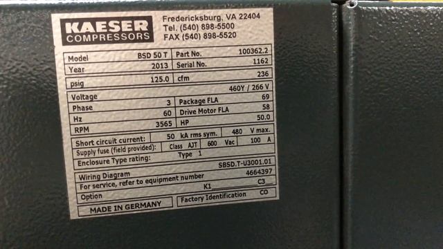 KAESER 2013 BSD 50T ROTARY SCREW AIR COMPRESSOR - SOLD смотреть онлайн