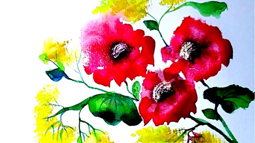 Как просто нарисовать ярко-красные цветы акварельными красками. смотреть онлайн