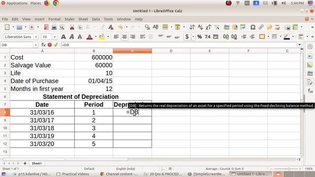 CA P15 # DB | Diminishing / Written Down Value Method | Depreciation | LibreOffice Calc смотреть онлайн