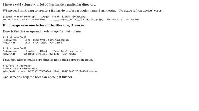 Getting Error: "No space left on device" for a particular filename смотреть онлайн