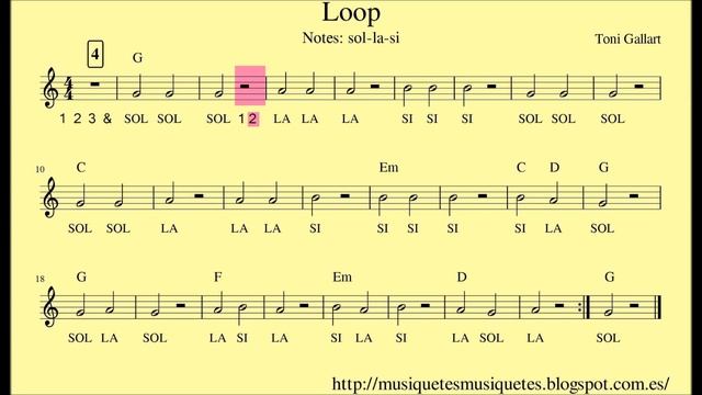 Loop. Melodía fácil con audio. Notas: sol la si. Flauta, violín, oboe, trombón. смотреть онлайн
