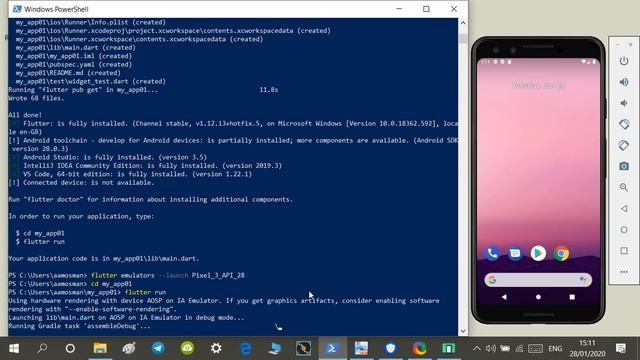 Flutter-1.15. create and run your first app using flutter create from Windows PowerShell смотреть онлайн