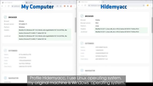 Compare Hidemyacc parameters with the original computer in Antidetect Browser Hidemyacc. смотреть онлайн