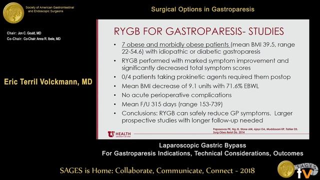 Laparoscopic gastric bypass for gastroparesis--Indications, technical considerations, outcomes смотреть онлайн
