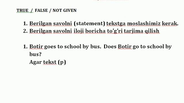 TRUE / FALSE / NOT GIVEN - (yes/ no / not given) IELTS va CEFR Reading -o'zbek tilida 1 qism смотреть онлайн