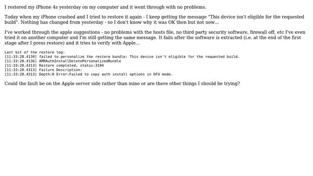 iPhone restore error "This device isn't eligible for the requested build" - tried everything..? смотреть онлайн