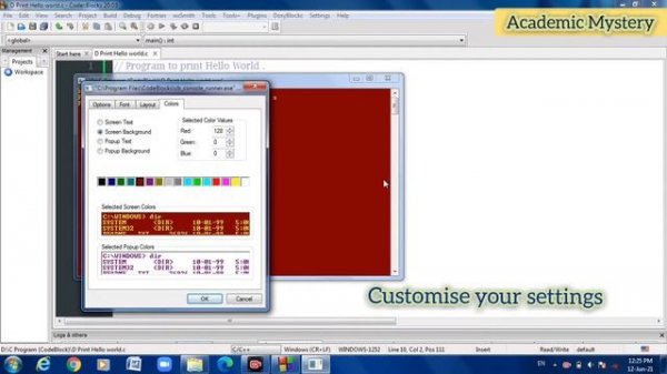 How to Change font, text color & Background color in Output screen | Code blocks | Code::Blocks