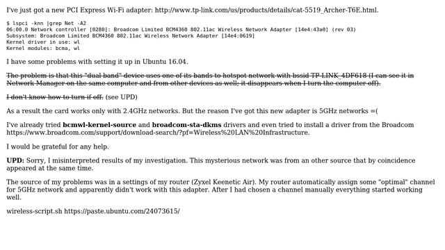 Ubuntu: Broadcom driver issue with TP-Link Archer T6E AC1300 16.04 смотреть онлайн