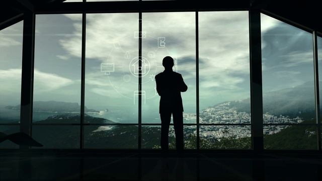 videoblocks a man is standing by the window viewing iot infographics elements s8l r6r4g D смотреть онлайн