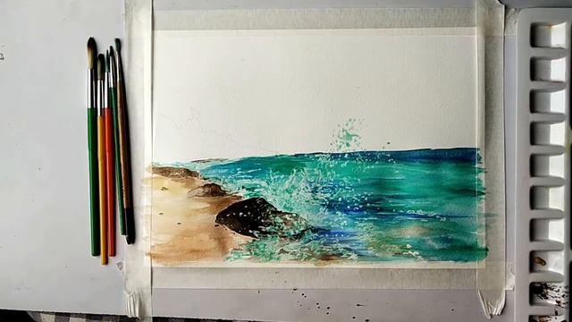 WATERCOLOR PAINTING FOR BEGINNERS | HOW TO DRAW BEACH SCENERY STEP BY STEP | MASKING FLUID TECHNIQU смотреть онлайн