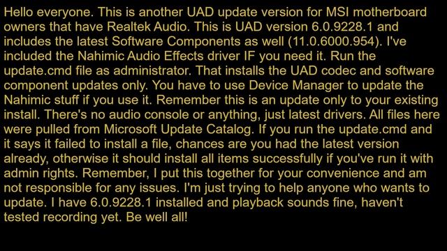 Realtek UAD 6.0.9228.1 & Latest Software Components Audio Drivers for MSI Users смотреть онлайн