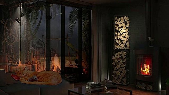 Cozy room overlooking the sea where the fire is burning смотреть онлайн