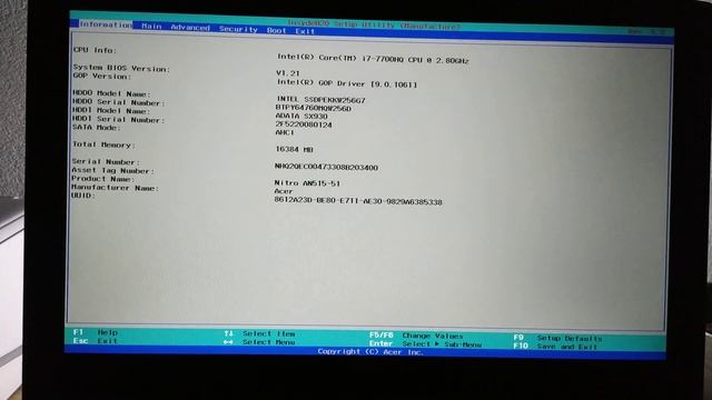 Acer Nitro 5 AN515-51 "Manufacture" BIOS mode смотреть онлайн