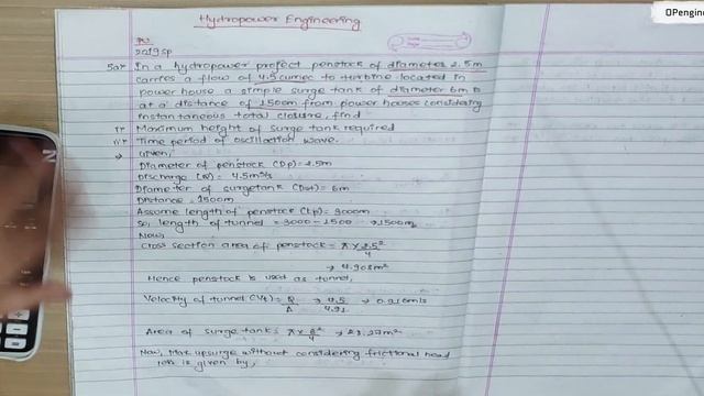 Calculate Maximum Height Of Surge Tank Required & Time Period Of Oscillation Wave.