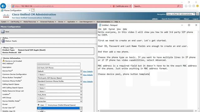 Cisco Unified Communications Manager (CUCM): Adding a 3rd Party SIP Phone смотреть онлайн