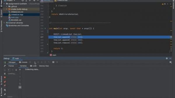 Clion debugger on a Linked-list project