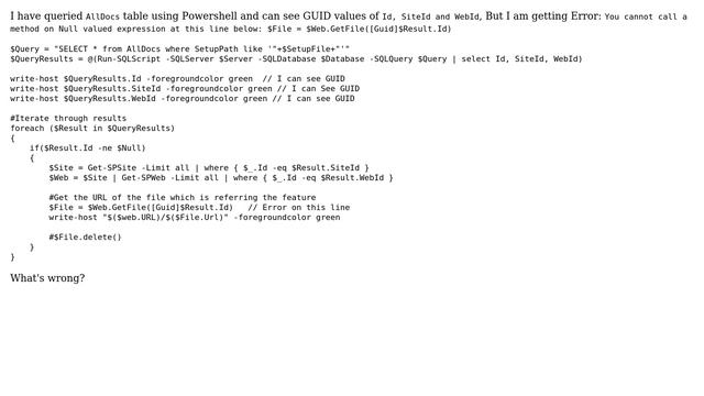 You cannot call a method on Null valued expression at: $File = $Web.GetFile([Guid]$Result.Id) смотреть онлайн