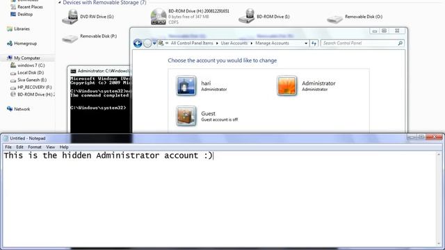 Enable Hidden administrator account in Windows 7 through Command prompt смотреть онлайн