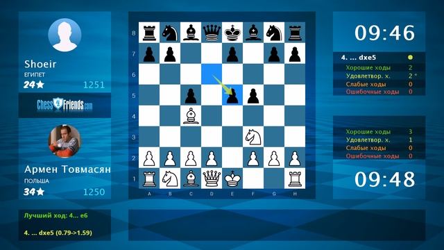 Chess Game Analysis: Армен Товмасян - Shoeir : 1-0 (By ChessFriends.com) смотреть онлайн