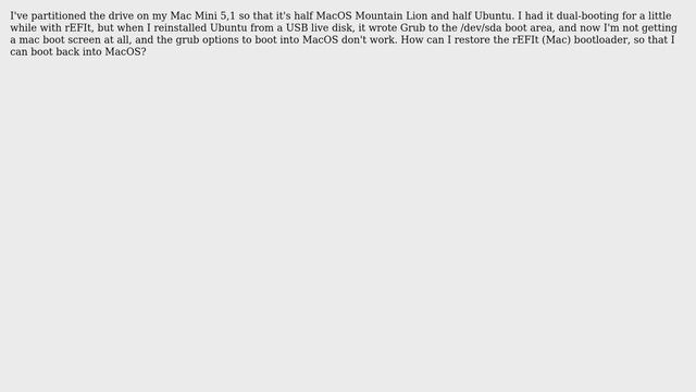How can I uninstall grub and get back my mac bootscreen (rEFIt)? смотреть онлайн