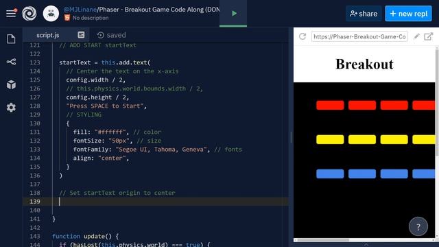 JavasScript Phaser Breakout (Add Start, Win, Lose Text) смотреть онлайн