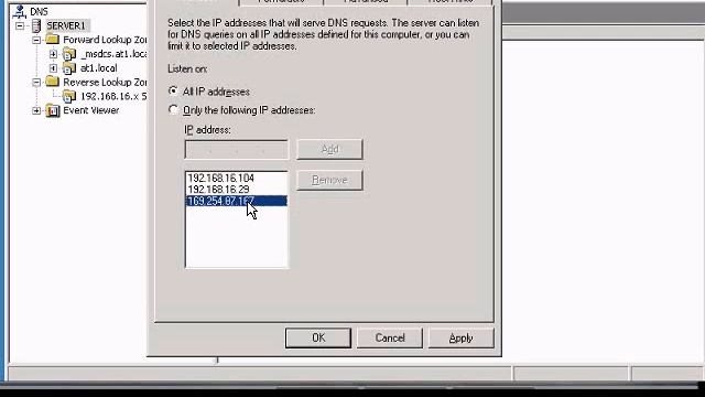 Configuring the interface listening tab in Windows DNS Manager смотреть онлайн