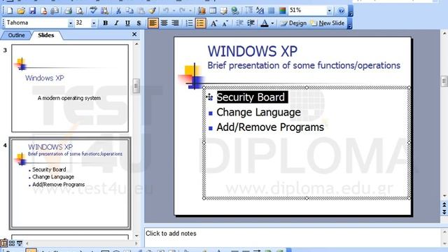 On the slide titled WINDOWS XP - Brief presentation of some functions/operations change the font... смотреть онлайн