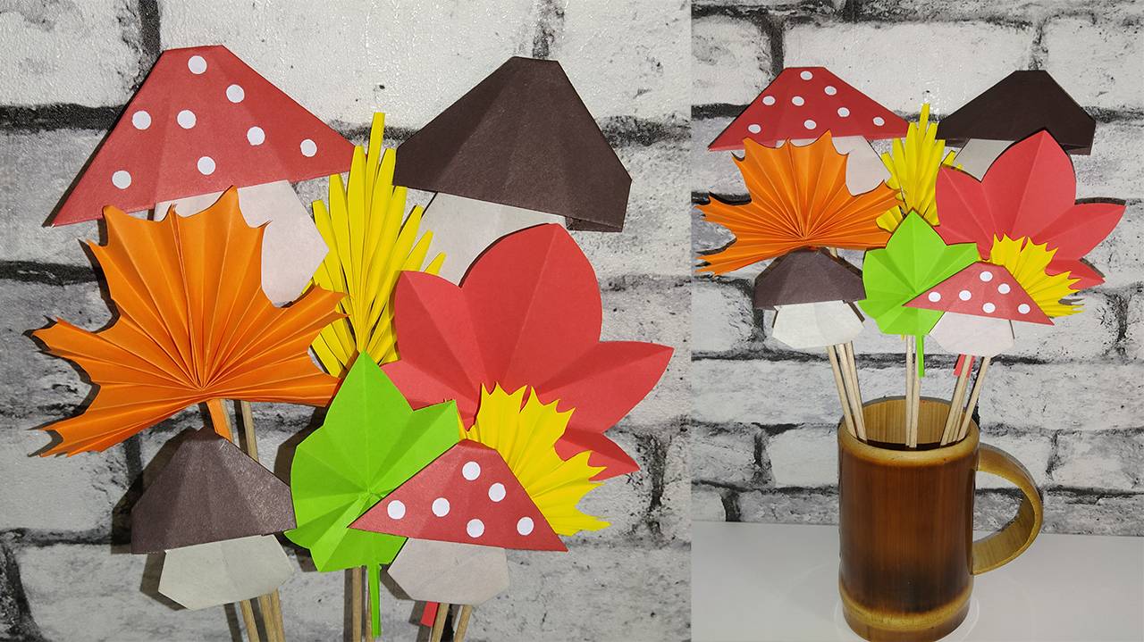 Осенний букет из бумаги. Поделка оригами. Гриб из бумаги. смотреть онлайн