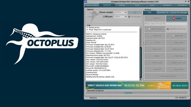 Samsung SM-T531 Unlock with Octoplus Box смотреть онлайн