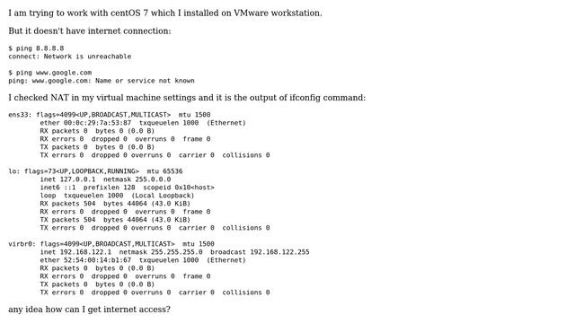 ""ping 8.8.8.8 connect: Network is unreachable"" in centOS 7 on VMware workstation 14 смотреть онлайн