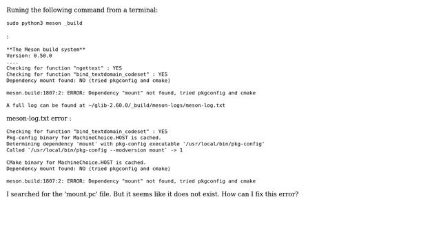 Dependency "mount" not found, tried pkgconfig and cmake Linux while trying to install glib-2.60.0 смотреть онлайн