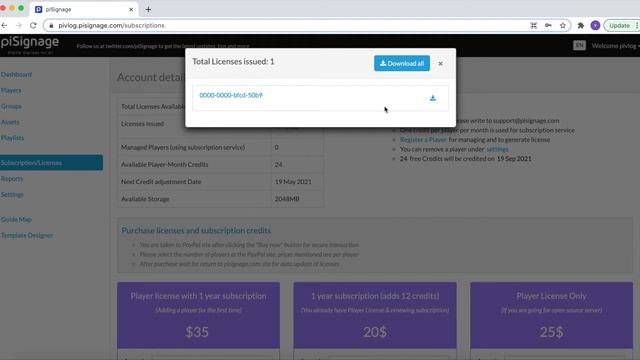 Registering and downloading a license for a player to be used in piSignage open source server смотреть онлайн