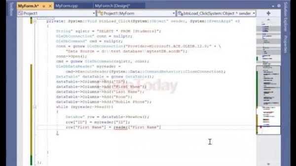 Connect Access Database c++/cli windows forms load to dataGridView เชื่อมฐานข้อมูล ใส่ datagridview