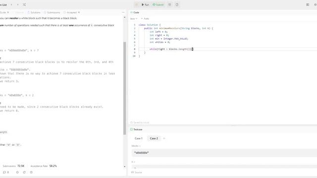 Leetcode 2379. Minimum Recolors to Get K consecutive black blocks | Sliding window смотреть онлайн
