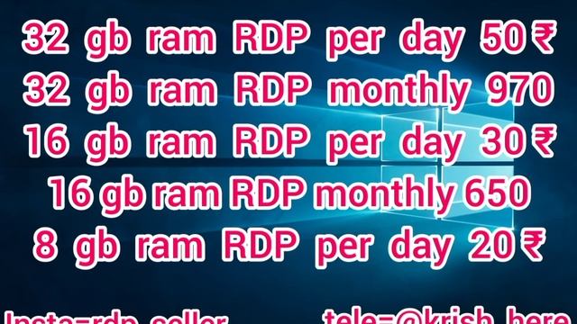 32 gb RAM RDP Per Day 50 ₹.16 gb RAM RDP PER DAY 30 ₹ 8 GB RAM RDP PER DAY 20 ₹ смотреть онлайн