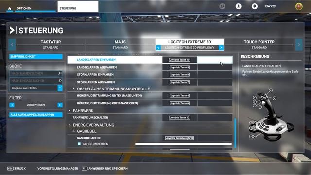 MS Flightsimulator 2020 - Logitech Extreme 3D Pro - Settings - Deutsch.