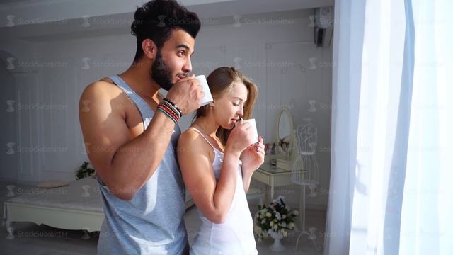 Good Morning People Loving Each Other in Light Bedroom Next to Bed in Background Table and Cosmetic смотреть онлайн