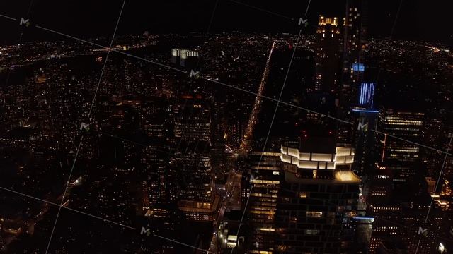 Fly above night city. Modern tall downtown buildings. Lighted windows in high rise towers. Manhatta смотреть онлайн