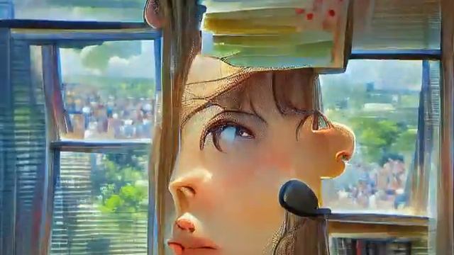 "A close up profile of an anime girl staring out an open window at her desk on a summer morning by смотреть онлайн