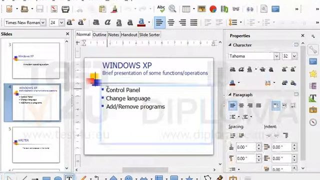 On the slide titled WINDOWS XP - Brief presentation of some functions/operations change the font... смотреть онлайн
