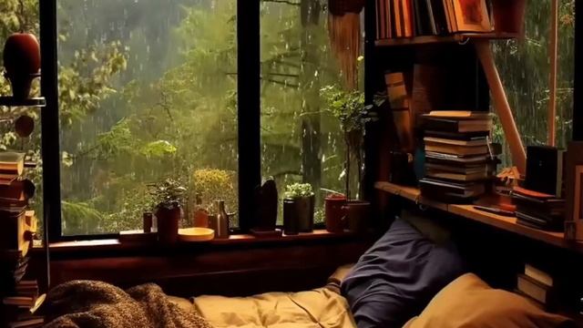 Watching the rain and thunder from a window next to your bed in a beautiful forest (ANIMATED) смотреть онлайн