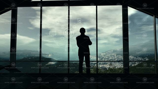 A man is standing by the window viewing IOT infographics elements смотреть онлайн