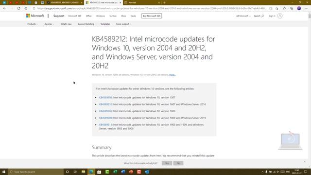 KB4589212: Intel microcode updates for Windows 10 version 2004 & 20H2 - January 2021 смотреть онлайн