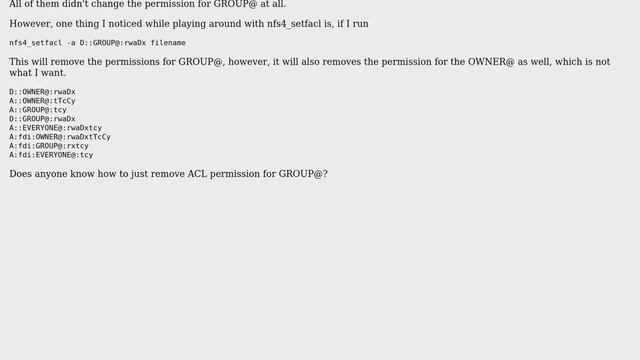 Unix & Linux: How to use NFS4_SETFACL to remove ONLY the GROUP@ ACL permission? смотреть онлайн