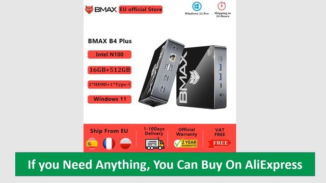BMAX B4 Plus Mini PC 16GB 512GB SSD Windows 11 PC Intel N100 2*HDMI 1*Type-C Supports 4K@60Hz смотреть онлайн