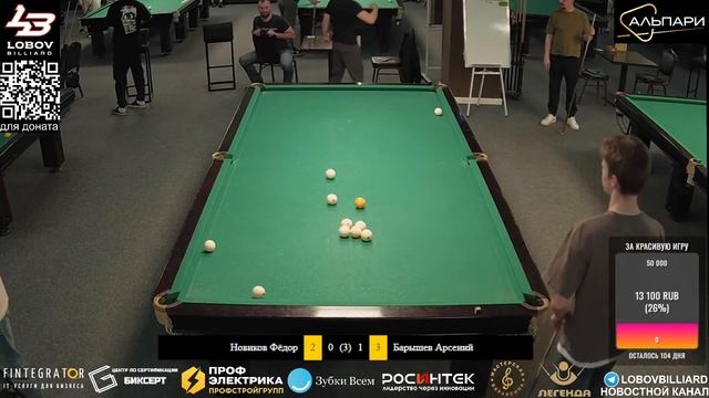 Новиков Федор - Барышев Арсений. Тренировочный турнир [Lobov Billiard] 2 стол. смотреть онлайн