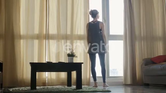 Young Woman Opening Window Curtains. | Stock Footage - Videohive смотреть онлайн