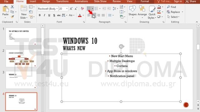 Apply center alignment to the entire bulleted text of the 4th slide titled Windows 10-WHATS NEW. смотреть онлайн